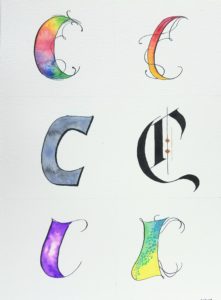 Alphabet and Watercolor Style study, C in watercolor and ink