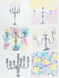 Alphabet and Watercolor Style study, Candelabra styles in watercolor and ink