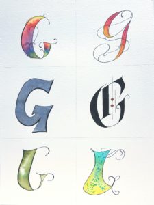 Letter G, watercolor and ink styles