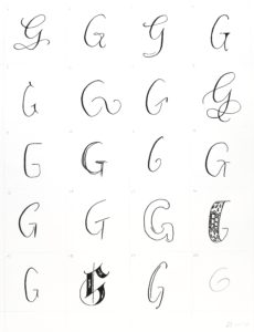 Letter G, dip pen styles