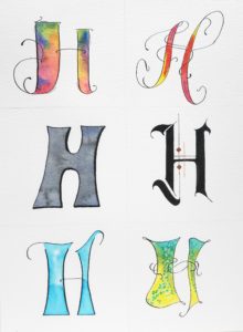 Letter H, watercolor and ink hand lettered styles