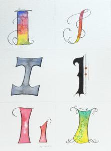 Letter I and Iris, watercolor and ink letter styles