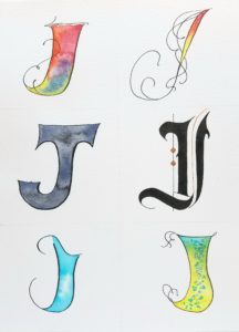 Letter J and Jellyfish style study,, watercolor and ink letter J 