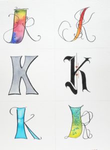 Letter K and Kaleidoscope Style Study, watercolor and ink