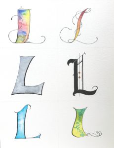 Letter L and Lavender Style Study, watercolor and ink