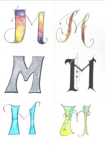 Letter M and Maple Style study, watercolor and ink