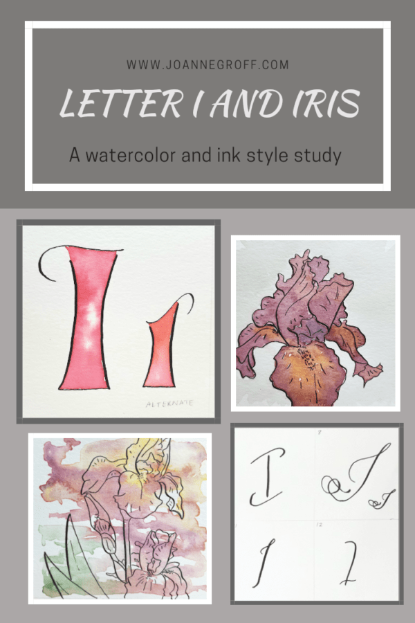 Letter I and Iris, a style study in watercolor and ink