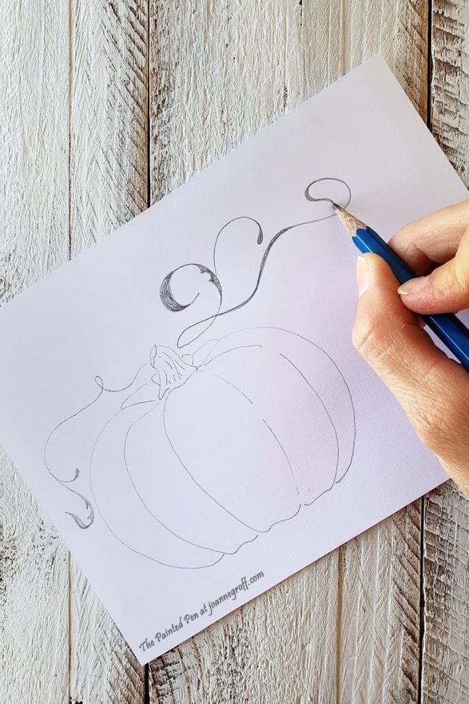 Bold flourishes in pencil on each side of the stem on the pumpkin drawing.