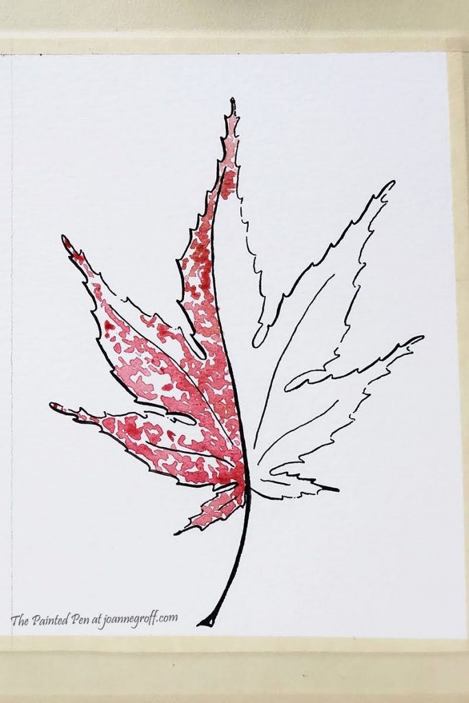 maple leaf illustration, half finished leaf drawing, leaf tutorial, watercolor painted leaf, lazy stippling, calligraphy drawing