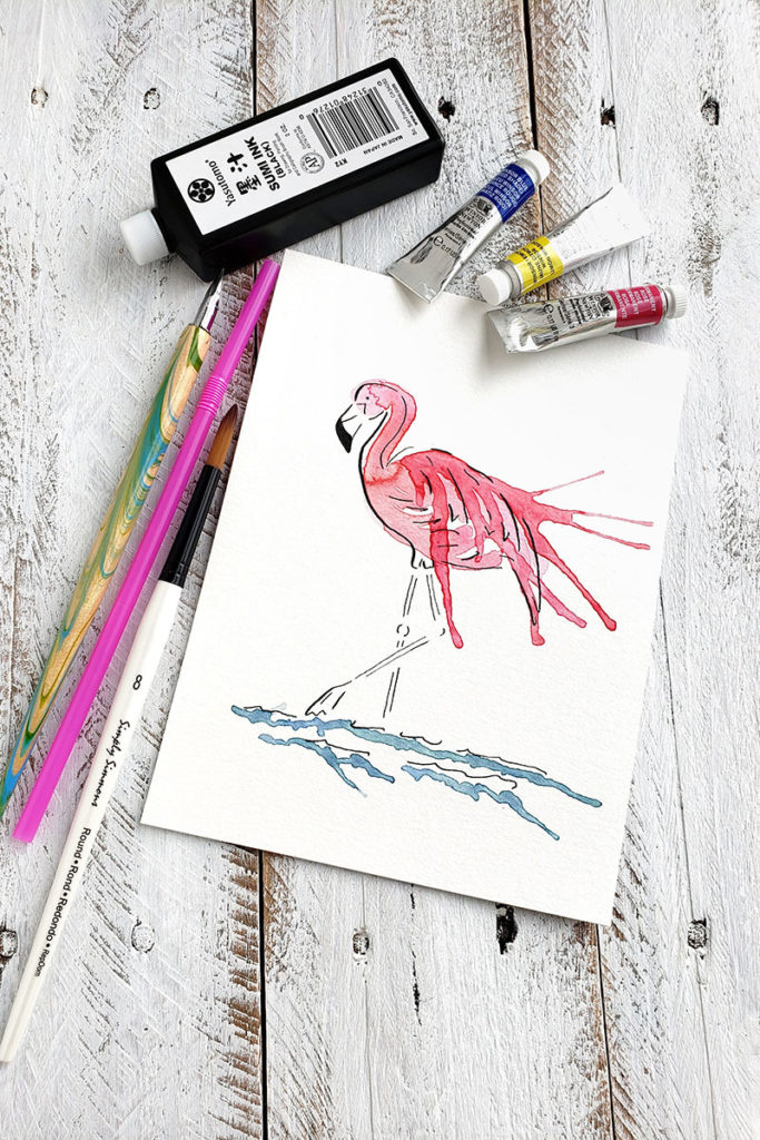 Flamingo Drawing With A Splash