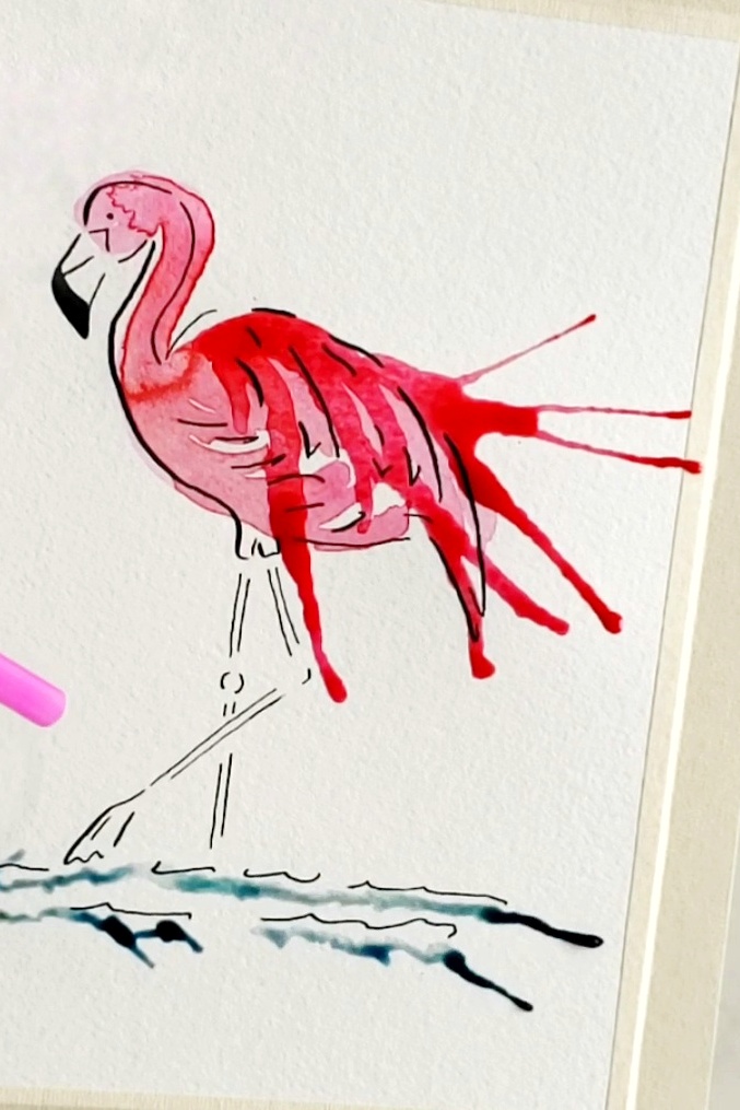 Flamingo Drawing With A Splash