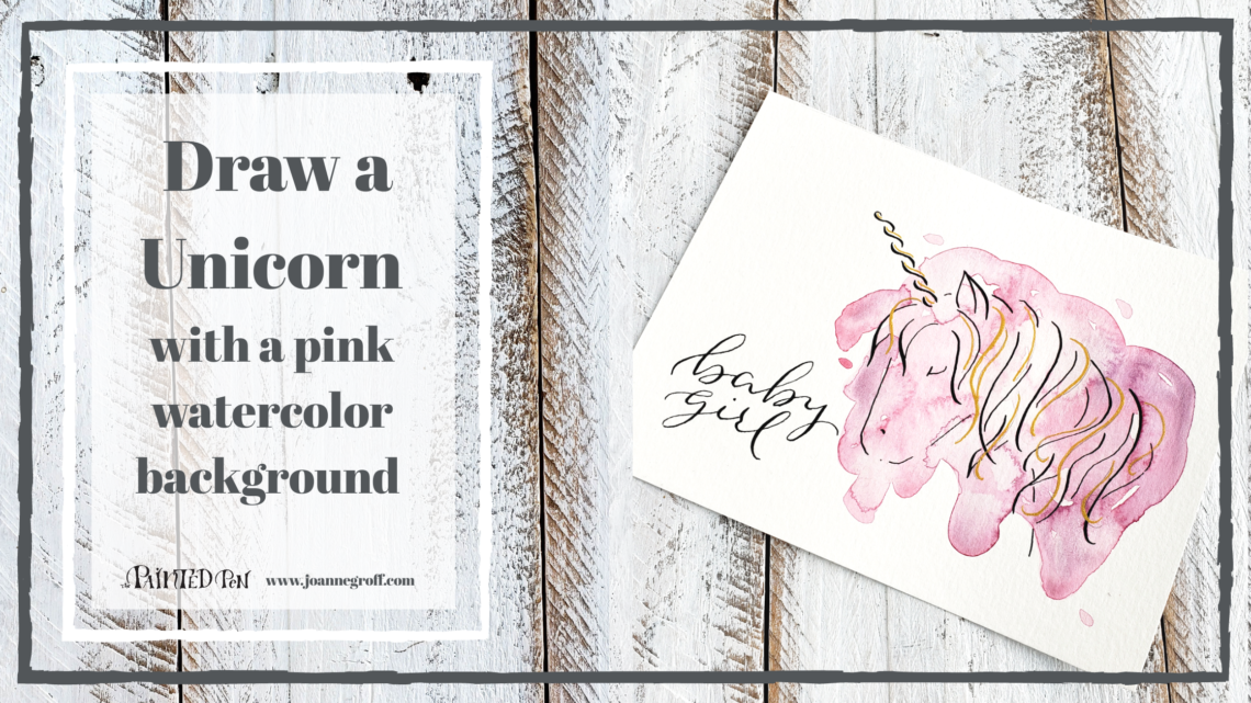 Draw a unicorn with a pink watercolor background