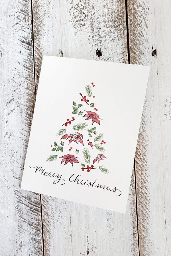 poinsettia and pine Christmas Tree Card