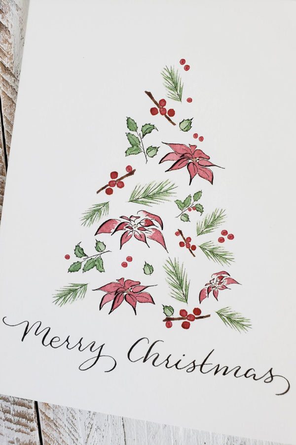 Poinsettia pine Christmas tree card closeup