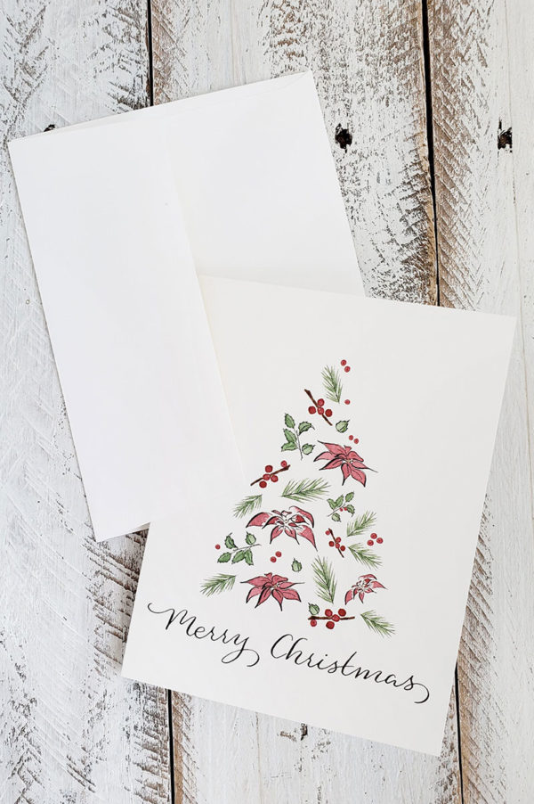 poinsettia pine Christmas tree card and envelope