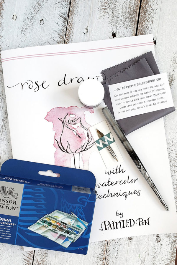 rose drawing workbook with watercolor and calligraphy sets