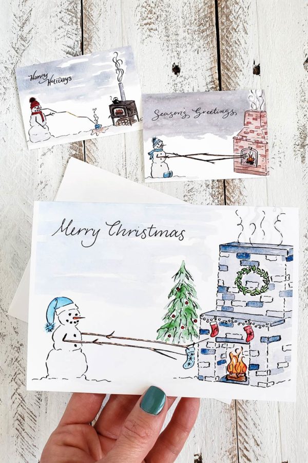 cute snowman hanging stockings Christmas card