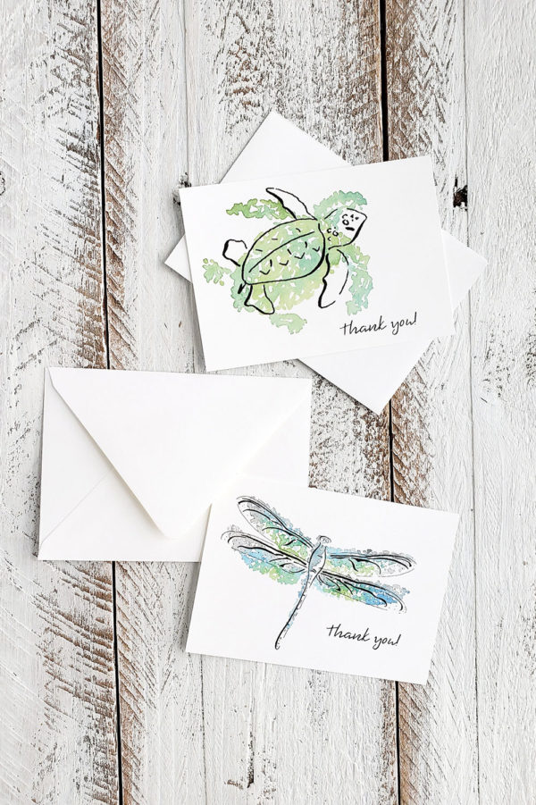 Watercolor dragonfly and turtle mini thank you cards and envelopes