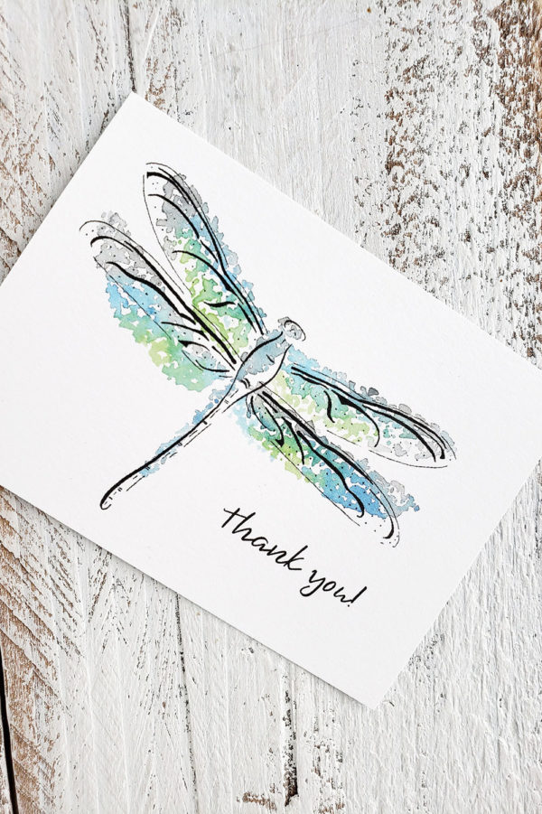 Watercolor dragonfly drawing mini thank you card closeup