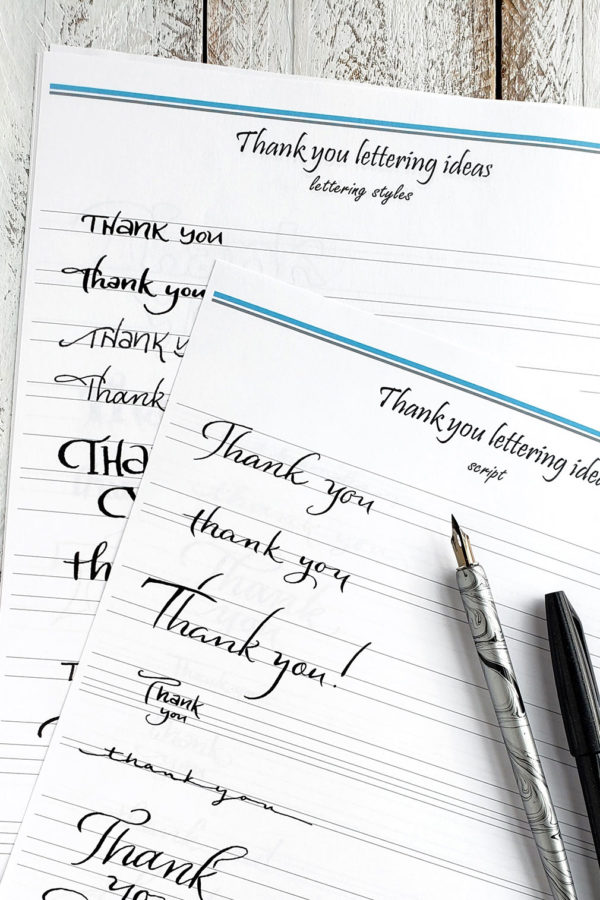 Thank you lettering worksheets, script and lettering