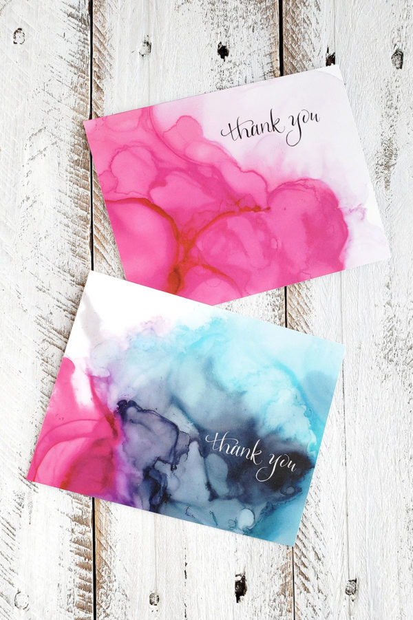 Pink and Gray alcohol ink thank you cards