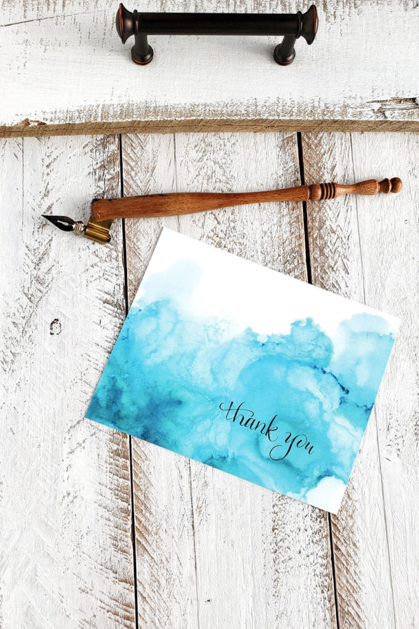teal alcohol ink Thank you card