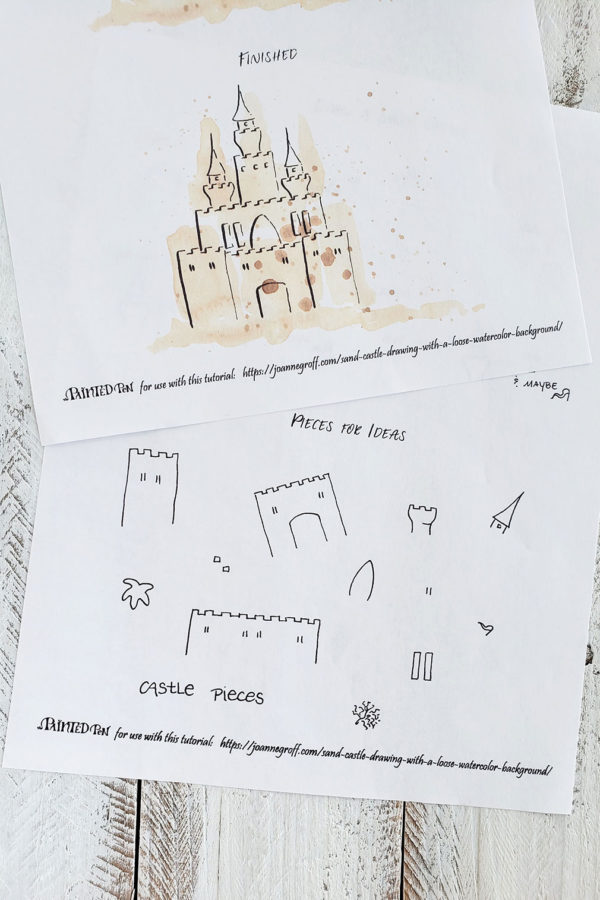 Finished sand castle and castle idea drawings