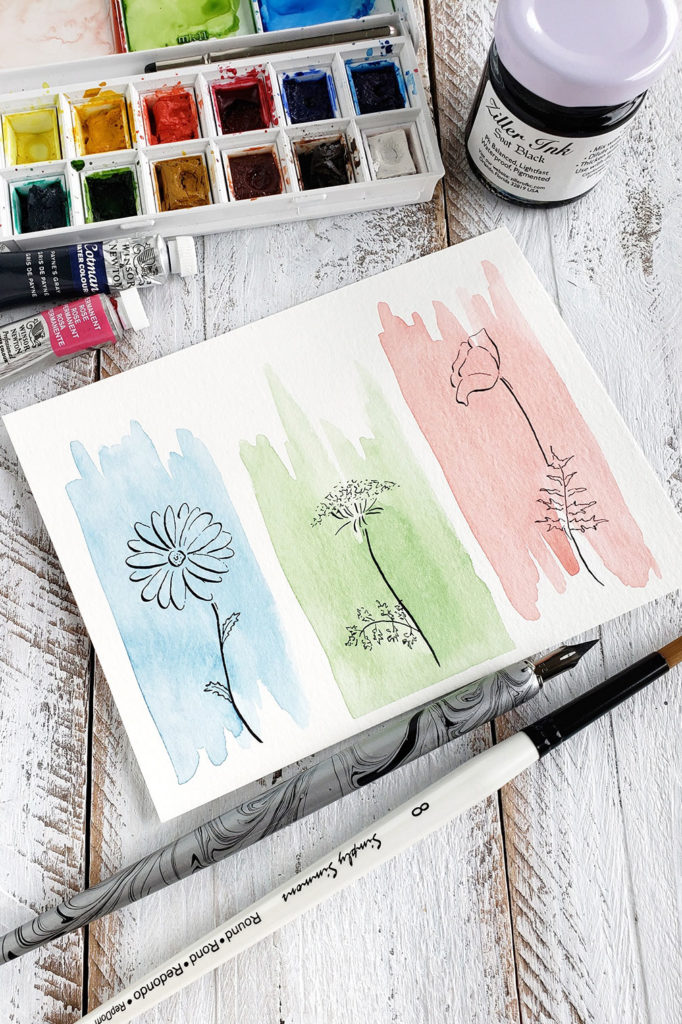 How to Draw 3 Flowers with Watercolor Backgrounds -