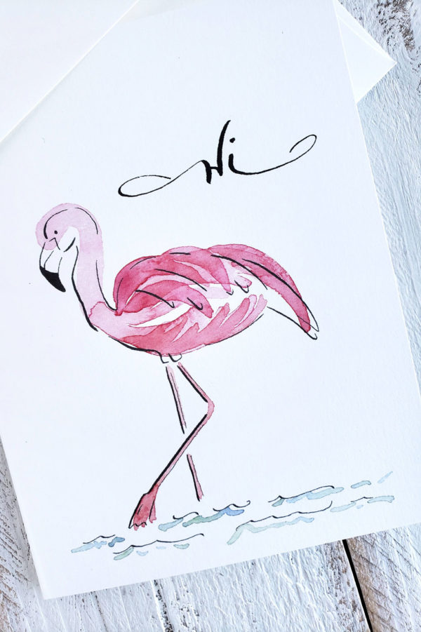 Hi watercolor flamingo card close up