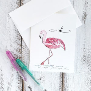 hi watercolor flamingo card