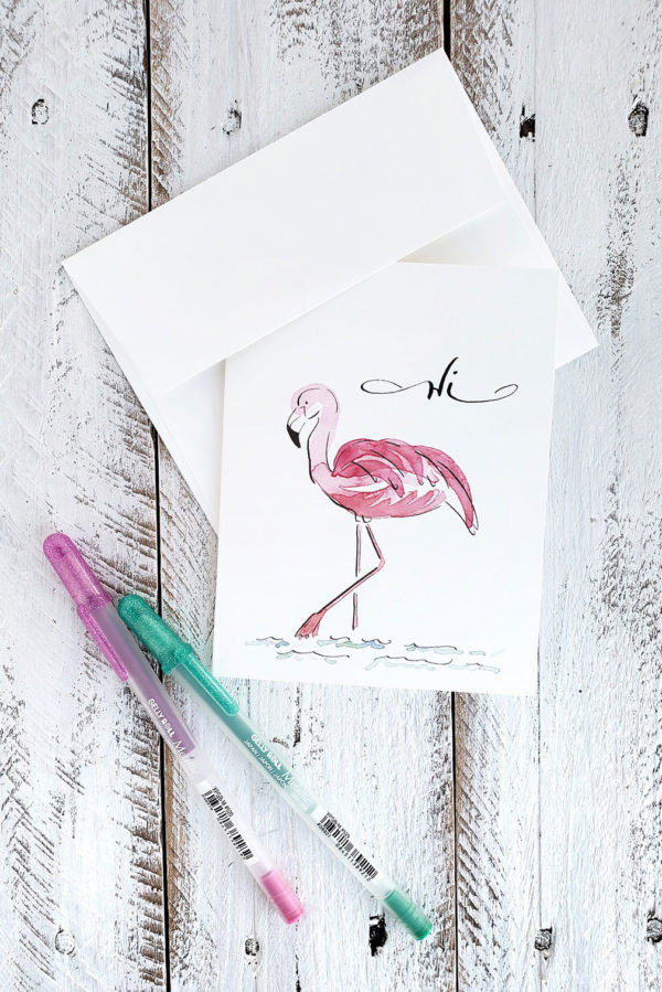 hi watercolor flamingo card