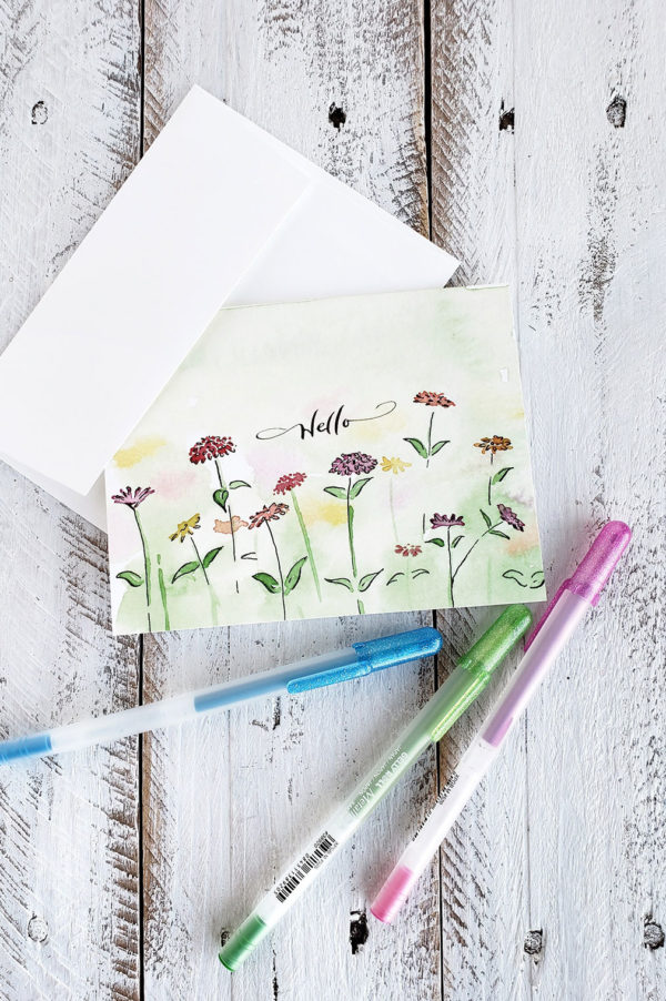 hello watercolor wildflower meadow card with gel pens