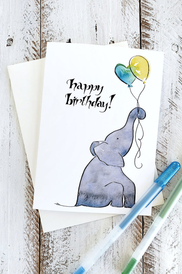 happy birthday elephant balloon card n pens
