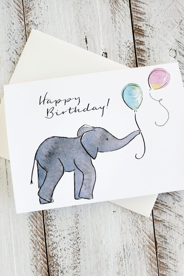 Baby elephant catching balloons card