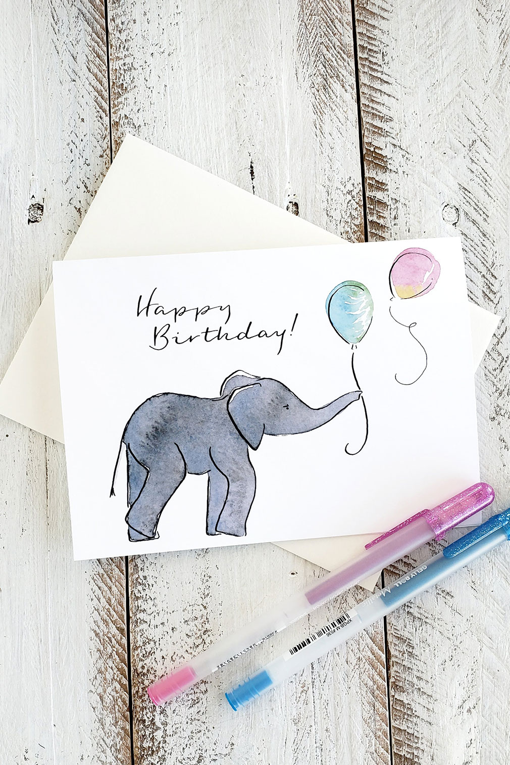 Watercolor Baby Elephant Birthday Greeting Card - The Painted Pen The Painted Pen