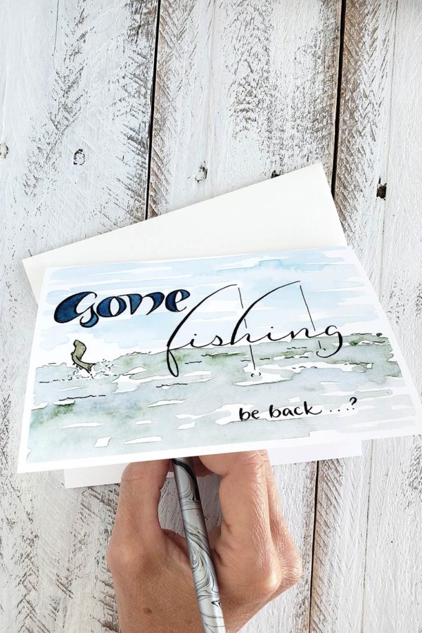 writing in a gone fishing card