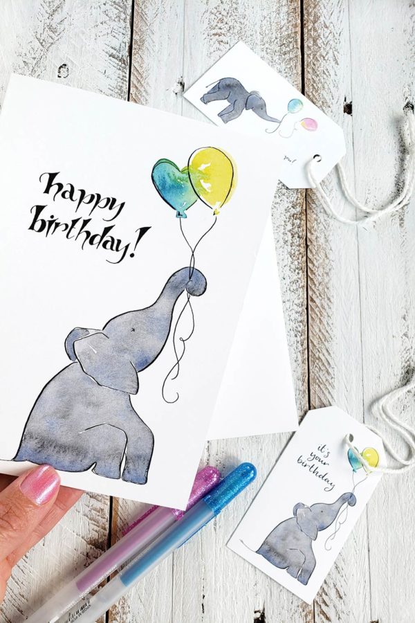 Elephant and balloons birthday card