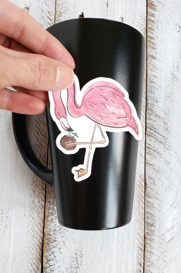 flamingo coconut sticker on a mug