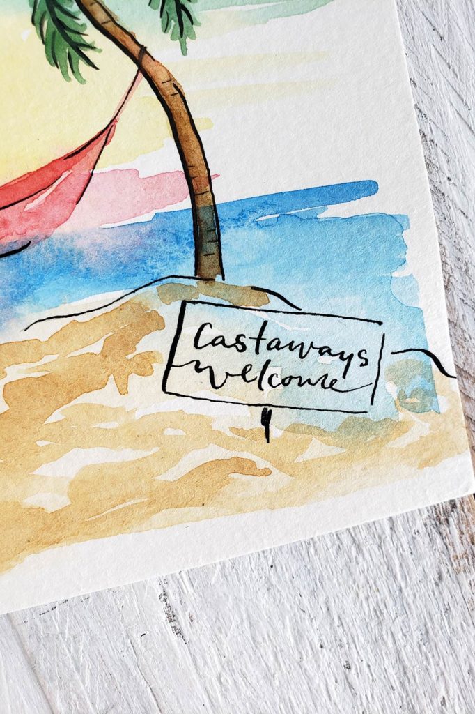 Castaways welcome sign on an island drawing