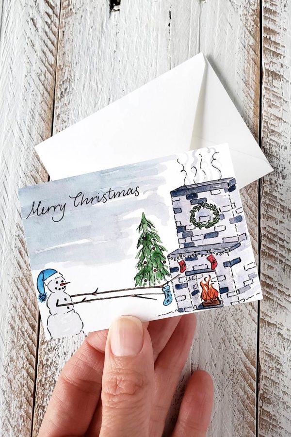snowman hanging stockings mini card
