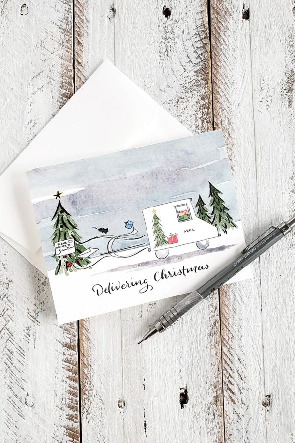 mail truck Christmas card and envelope