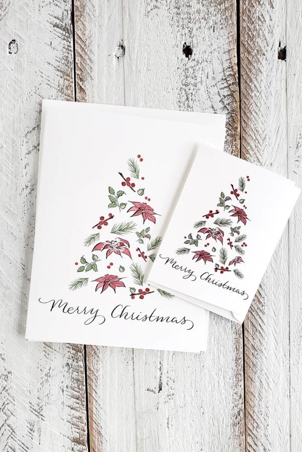 poinsettia and pine card and mini card
