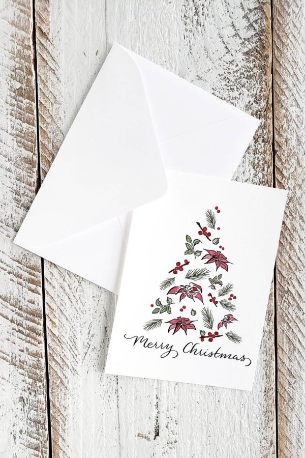 poinsettia and pine Christmas tree mini card