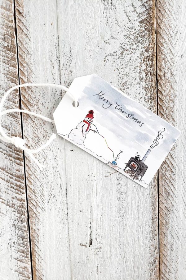 snowman sipping hot chocolate gift tag