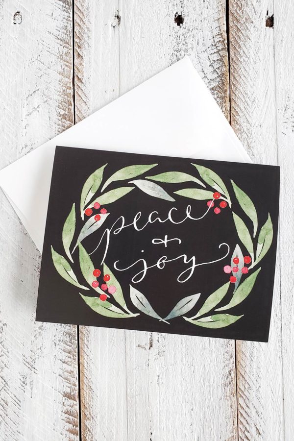 peace and joy watercolor wreath card and envelope