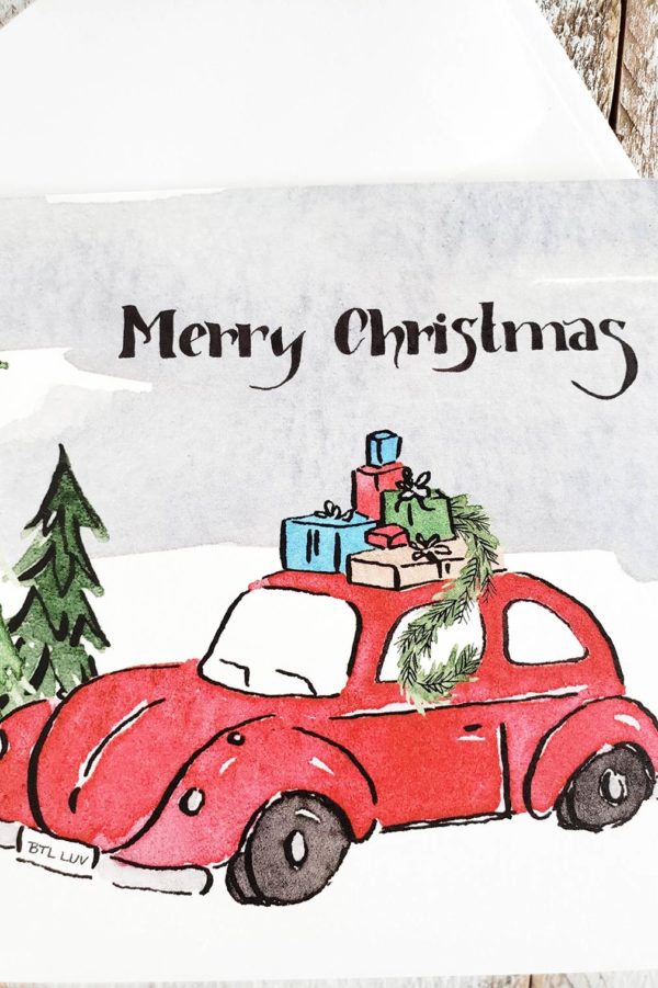 red car Christmas card closeup