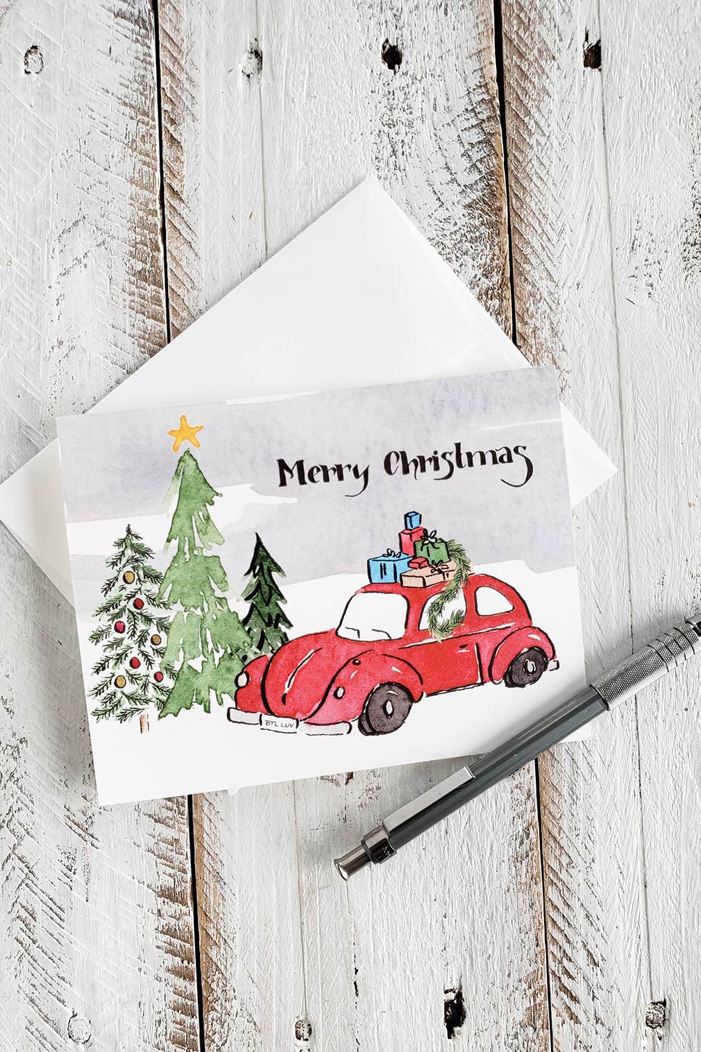 Little Red Car Christmas Greeting Card - The Painted Pen ...