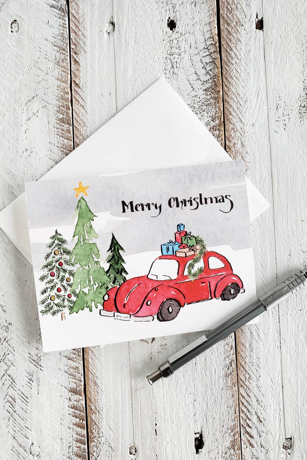 Little Red Car Christmas Greeting Card - The Painted Pen Watercolor  Greeting Card