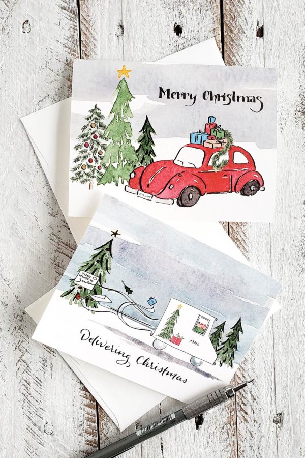 red car and mail truck Christmas cards