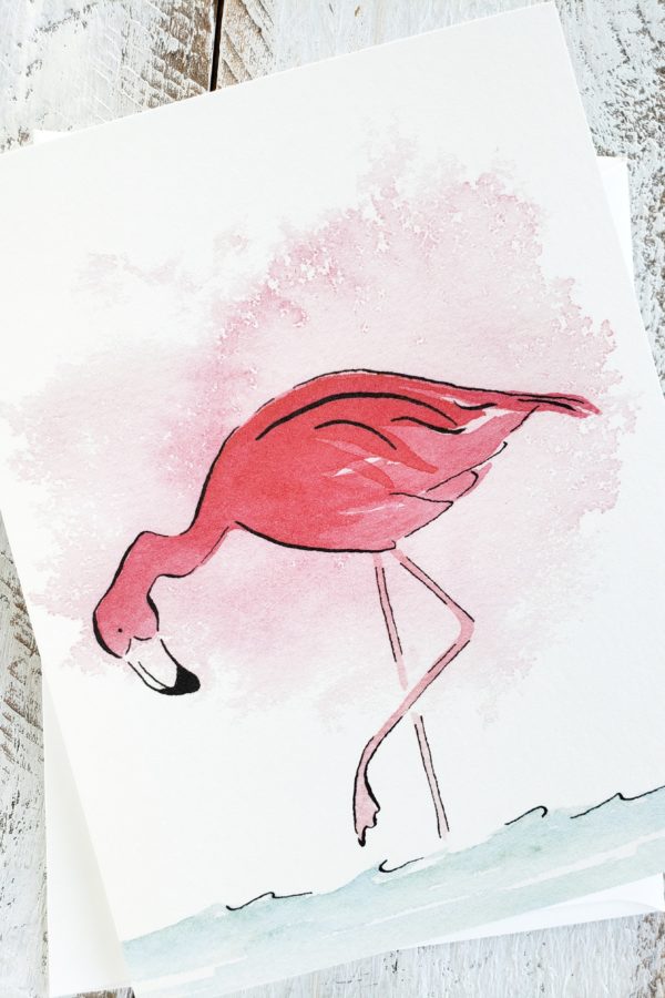 flamingo looking for food watercolor greeting card closeup